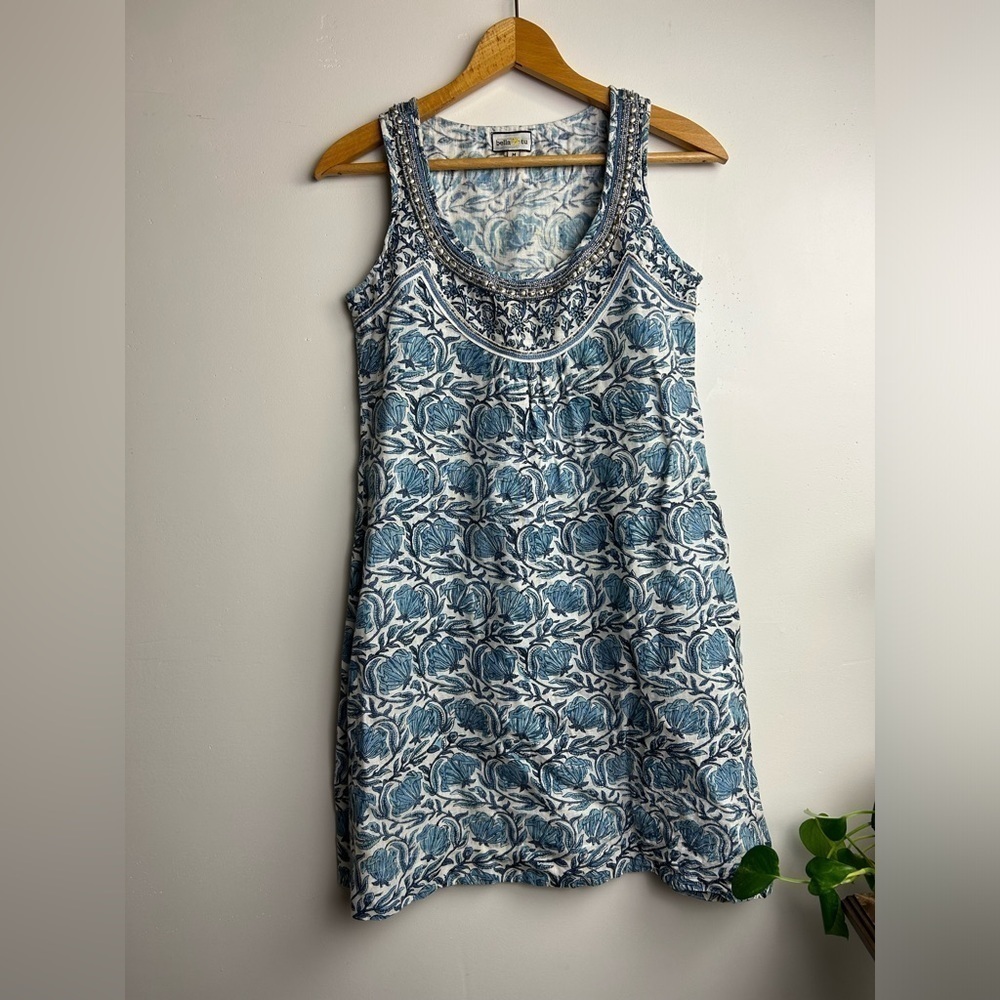 Bella Tu Linen Mid Dress Blue Floral Boho Embellished Neck Sleeveless Shift Sz M